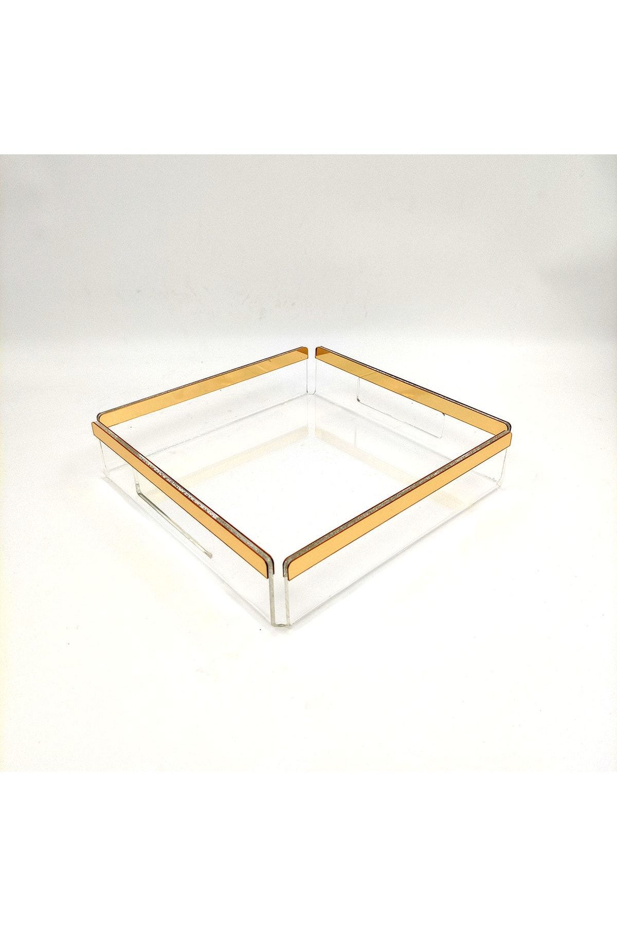 Şeffaf Pleksi Servis Sunum Söz Nişan Tepsisi Gold Model 23x23 Cm