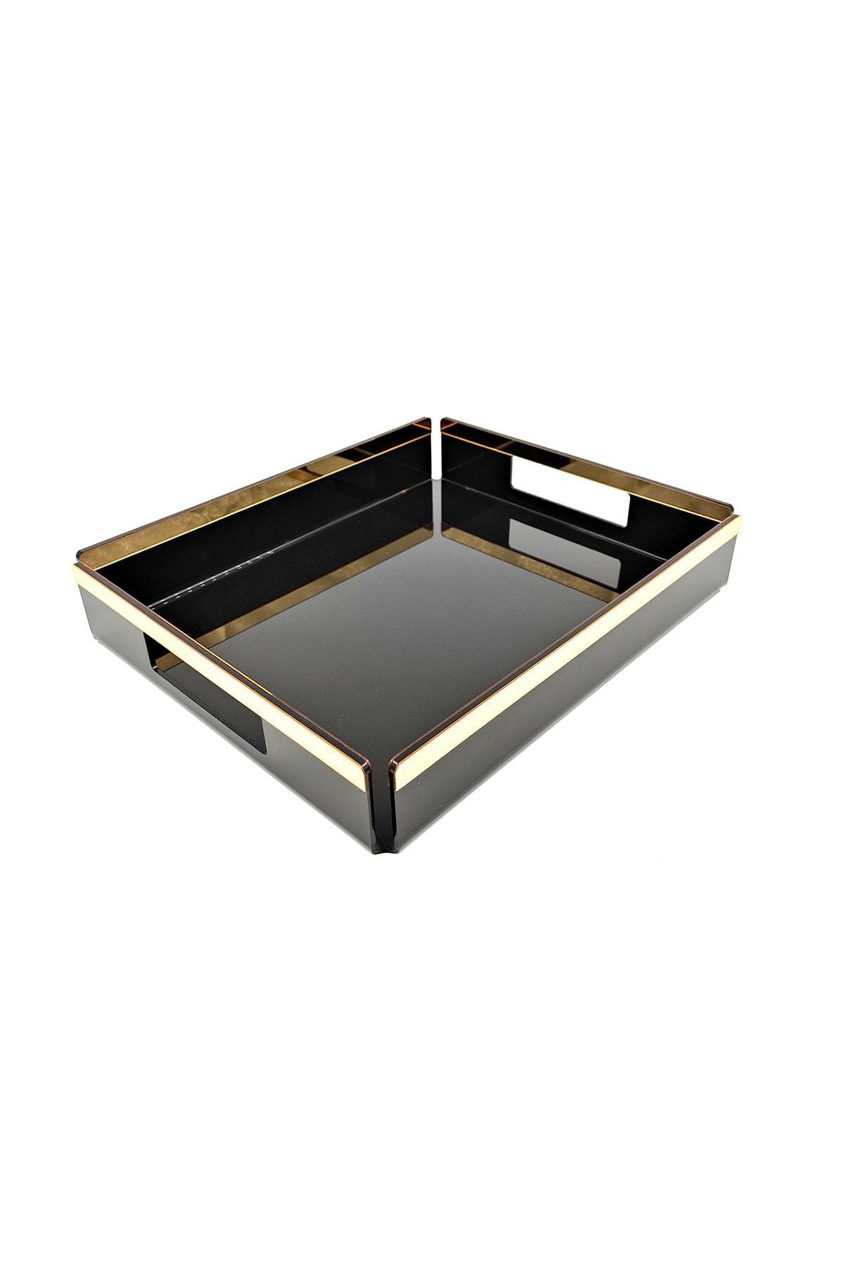 Siyah Pleksi Servis Sunum Söz Nişan Tepsisi Gold Model 25x30.5 Cm